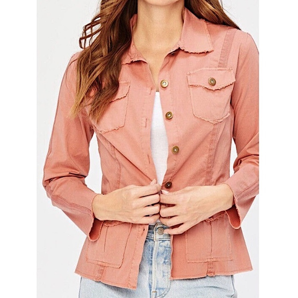 XCVI Wearables Raw Edge Poplin Lightweight‎ Safari Jacket Bellini Pink Small